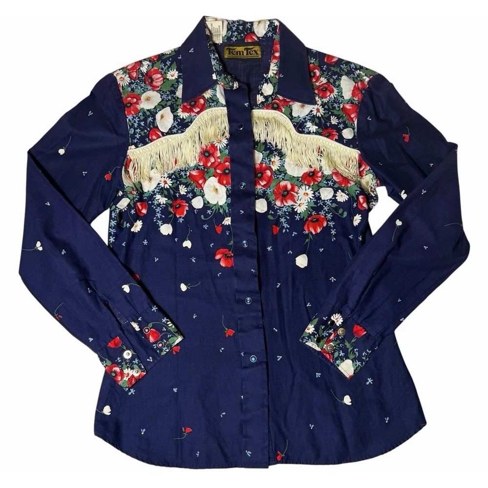 Vintage Tem-Tex Western Shirt Womens 10/32 Floral Fringe Pearl Snap Made USA